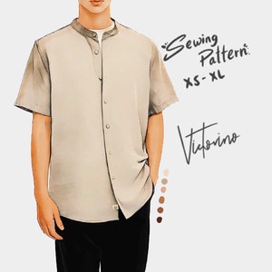 Regular fit Band-collar shirt men - Mandarin collar shirt / Neru - PDF sewing pattern in all sizes Instructions In English and Spanish.