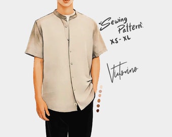 Regular fit Band-collar shirt men - Mandarin collar shirt / Neru - PDF sewing pattern in all sizes Instructions In English and Spanish.