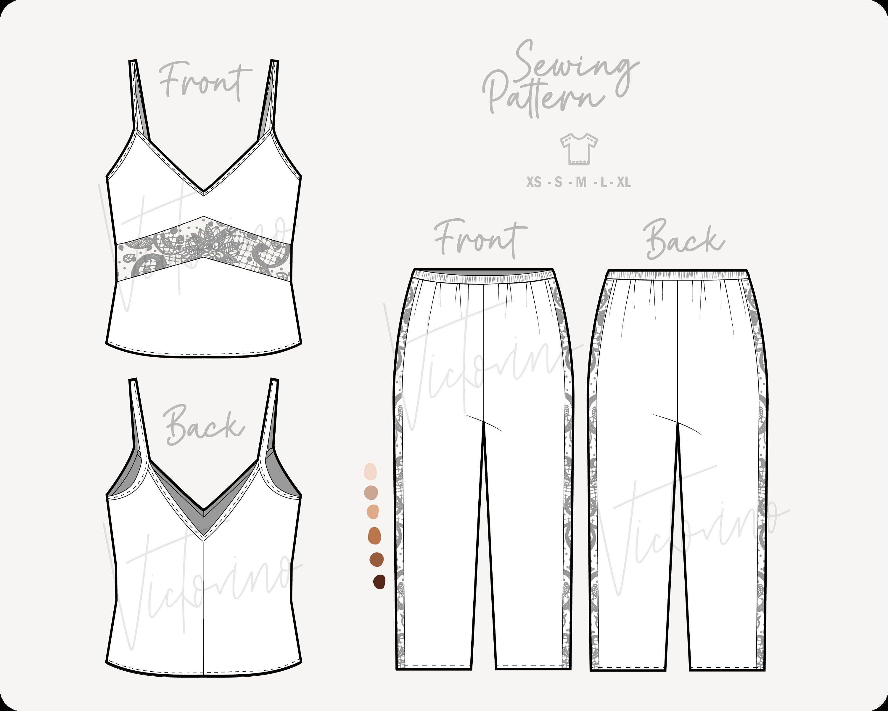 Silk Satin Lace Pajama Set Pants and Top PDF Sewing Pattern A0 and — free download