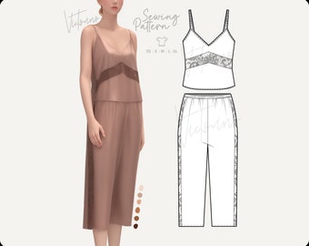 Silk Satin lace Pajama Set pants and top - PDF sewing pattern A0 and domestic in all sizes XS // S // M // L // XL English and Spanish