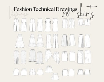 Röcke Mode Technische Zeichnungen Flache technische Zeichnungen Kleidung Mockup-Vorlage für Design und CAD Tech Pack Procreate und Vektor
