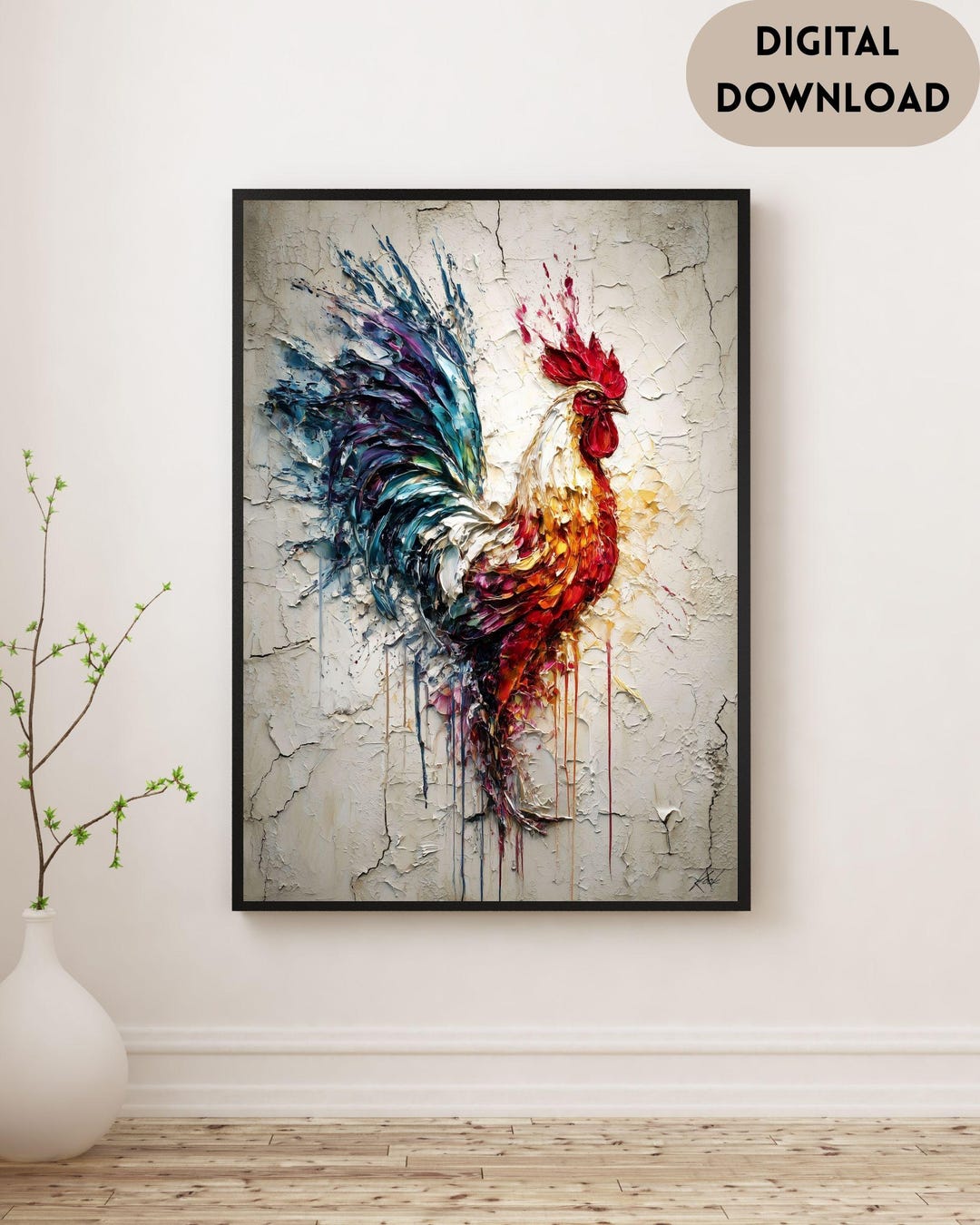 Rooster Rudy Texture Rooster / Rooster Printable Wall Art, Farm Bird Painting, Bold Color ...