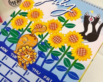 A4 A3 Large Sunflower Cat Calendar 2025 | Hand-Drawn Kawaii Illustrated Feline | Vibrant Floral Themed Calendar | Gift for her