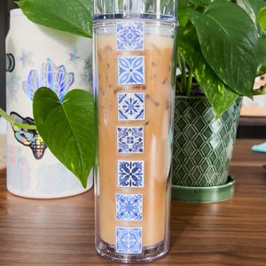 blue and white portuguese tile stickers, azulejo mini sticker pack, waterproof mediterranean tile filler stickers for water bottle or laptop