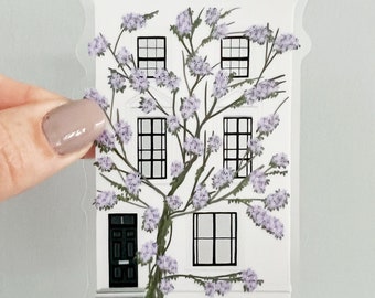 cozy townhouse sticker, wisteria house sticker, white and purple floral sticker, large architecture sticker, transparent sticker for laptop