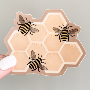 bees on honeycomb waterproof sticker for water bottle, bee stanley sticker, bee gift for women, bumble bee sticker, honeycomb vinyl sticker