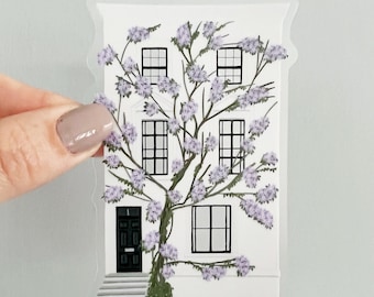 Cozy townhouse sticker, wisteria house sticker, white and purple floral sticker, large architecture sticker, transparent sticker for laptop