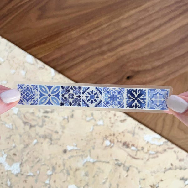 Adhesivo de azulejo portugués azul y blanco: adhesivo de azulejo mediterráneo largo e impermeable para botella de agua