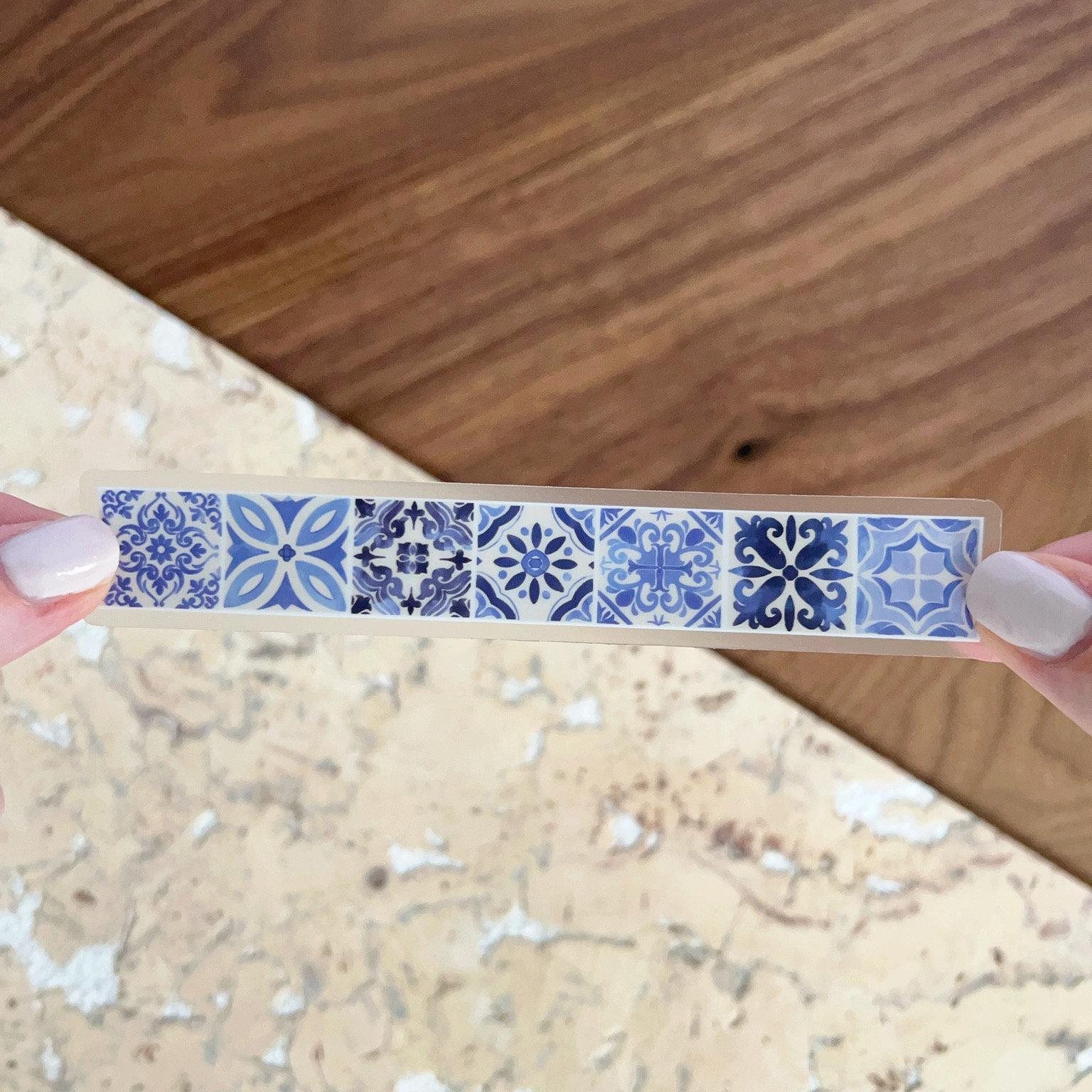 blue and white portuguese tile sticker, long waterproof azulejo tile sticker for water bottle, mediterranean blue tile sticker for laptop