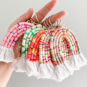 colorful macrame rainbow backpack keychain or bag charm accessory, handmade fiber art rainbow gift for her, bright neon rainbow keyring