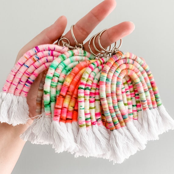 colorful macrame rainbow backpack keychain or bag charm accessory, handmade fiber art rainbow gift for her, bright neon rainbow keyring