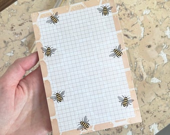 bee grid notepad, bees on honeycomb notepad, bee themed gift for beekeeper, bumblebee stationery, honeycomb illustration, grid paper notepad