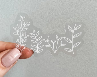 botanical line art sticker, small white sticker for laptop, white botanical sticker, transparent leaves sticker, clear botanical decal