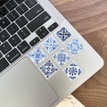 blue and white portuguese tile mini stickers, waterproof azulejo tile sticker pack for water bottle, mediterranean tile filler sticker set
