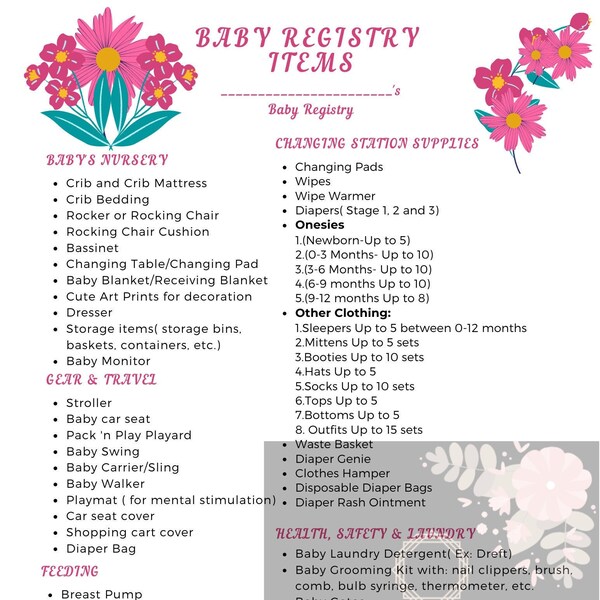 Pink And Green Floral Baby Registry List