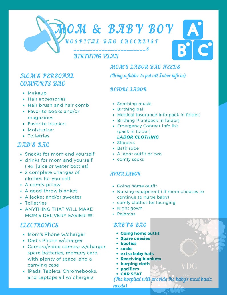 Mom & Baby Hospital Bag Checklist Boy Etsy