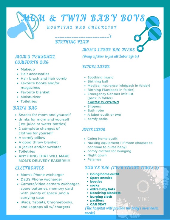 Mom & Baby Hospital Bag Checklist Twin Boys 