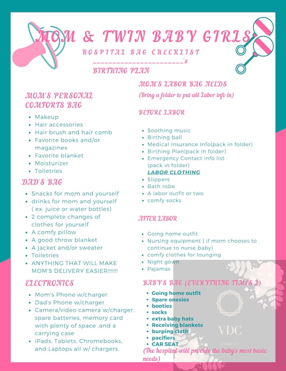 Mom & Baby Hospital Bag Checklist Fraternal Twins 