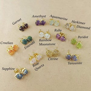 Gemstone Stud Earrings, Raw Birthstone Gold Plated Prong Set Stud Earrings, Birthstone Earrings,  Stone Stud Earrings. Prong Set Stud