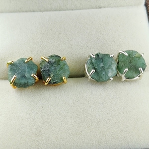 Emerald Raw Prong Set Stud Earrings - May Birthstone Earrings - Rough Emerald Earrings - Prong Set Earrings - Birthstone Earrings