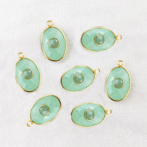 Aqua Chalcedony Oval Shape Gold Plated Sterling Silver Double Stone Bezel Set Charms - Gemstone Pendant - Bezel Set Pendants