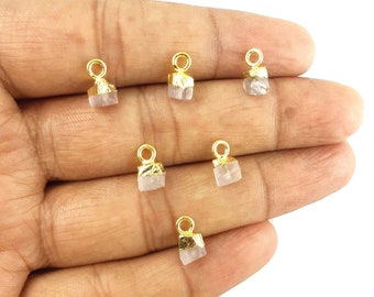 Tiny Rough Rose Quartz Gold Electroplated Charm, Rose Quartz Tiny Pendants, October Birthstone Pendant, Raw Rose Quartz Healing Stone Charms
