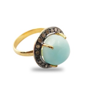 Larimar Gemstone Ring, Smooth Round Larimer Cabochon Ring, Prong Set Gemstone Rings, Paw Diamond 925 Sterling Silver Rings, 7US Size Rings