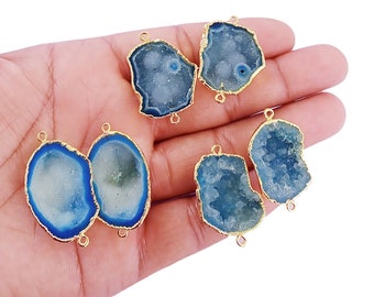 1 Pair  Blue Geode Druzy Gold Electroplated Uneven Shape Double Bail Connector - Druzy Geode Pendants
