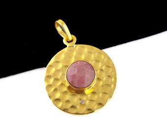 Rhodocrosite Gold Plated Hammered Round Pendants - Gold Plated Pendants