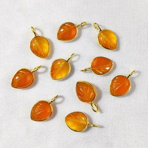 Carnelian Pendant - Carnelian Carved Leaf Pendant - Gemstone Leaf Charms - Gold Plated Sterling Silver Pendant - Gemstone Charms