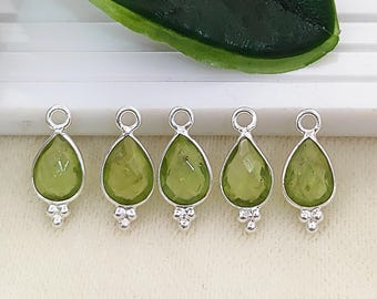 Peridot Teardrop Pendant Charm, Sterling Silver Bezel Gemstone Link, Faceted Pear Pendant, Jewelry Making Supply