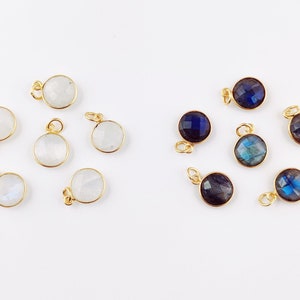 Gemstone Gold Plated Sterling Silver Round 10mm Bezel Set Pendants - Gemstone Charms - Labradorite Bezel Charms - Moonstone Bezel Pendant