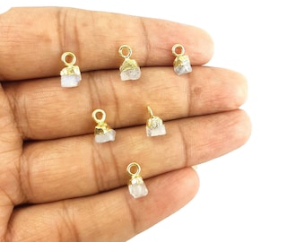 2 Pcs Moonstone Tiny Raw Gold Electroplated Charm - Rough Stone Pendant - June Birthstone Charms