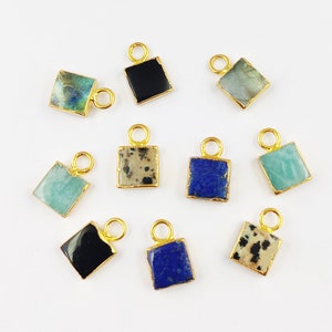 Gemstone Slice Pendant Charms, 8mm Size Gemstone Slice 18k Gold Edge Electroplated Chams, Tiny Square Shape Charms, Earring Making Pendants