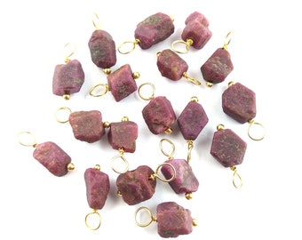 Ruby Raw Pendant - Gold Plated Wire Wrapped Birthstone Charm - July Birthstone Pendant - Raw Stone Charm - Raw Crystal Healing Pendant