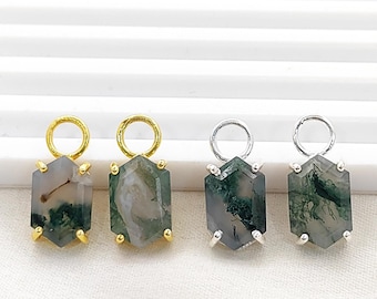 Moss Agate Pendant Charm/Hexagon Cut Moss Agate Pendant/Sterling Silver Prong Set Pendant/Energy Healing Stone/Boho Jewelry Supply/Per Piece