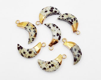 Dalmatian Jasper Electroplated Crescent Moon Pendant - Crescent Pendants - Gemstone Moon Pendant - Carved Crescent Charm - Half Moon Pendant