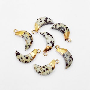 Dalmatian Jasper Electroplated Crescent Moon Pendant - Crescent Pendants - Gemstone Moon Pendant - Carved Crescent Charm - Half Moon Pendant