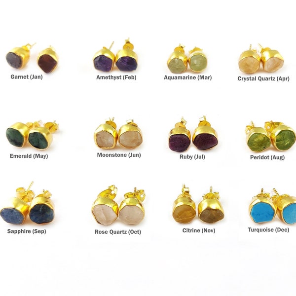 Gemstone Rough Earring Studs, Birthstone Raw Stud Earrings, Birthstone Earrings, 925 Sterling Silver Collet Set Studs, Rough Crystal Earring