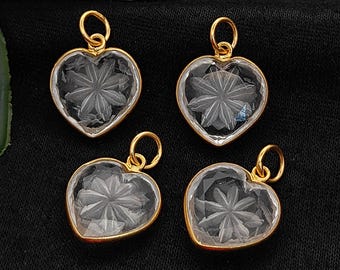 Crystal Quartz Heart Pendant, Intaglio Flower Engraved, Gold Plated Bezel Charm, Carved Quartz Jewelry Making Supply