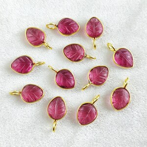 Rubellite Quartz Pendant - Rubellite Carved Leaf Pendant - Gemstone Leaf Charms - Gold Plated Sterling Silver Pendant - Gemstone Charms
