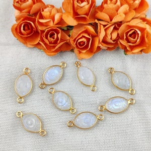 Connettori a castone in argento sterling placcato oro con pietra di luna arcobaleno, malocchio, forma marquise, connettori con pietre preziose per la creazione di gioielli