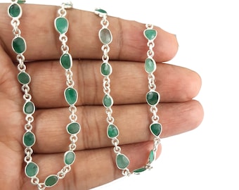 Emerald Sterling Silver Gemstone Bezel Connector Chain -Sold Per Foot