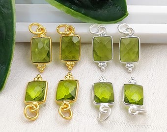 Peridot Quartz Pendant, Green Rectangle Elegant Charms, Sterling Silver Bezel Pendant, Jewelry Making Supply