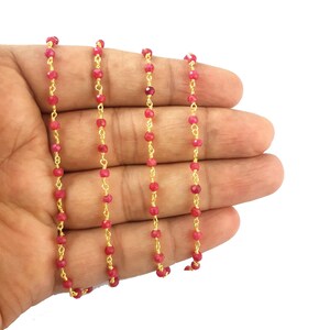 2 Feet Dyed Ruby Rosary Bead Chain, Gold Plated Beads Chain, Wire Wrapped Rosary Chain