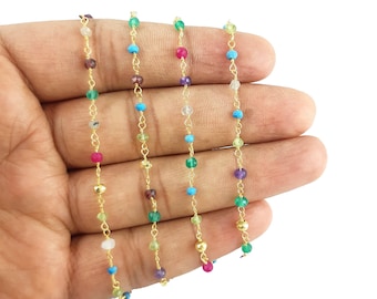 Cadena de cuentas de rosario de piedras preciosas multicolor de 2 pies, cadena de cuentas chapadas en oro, cadena de rosario envuelta en alambre