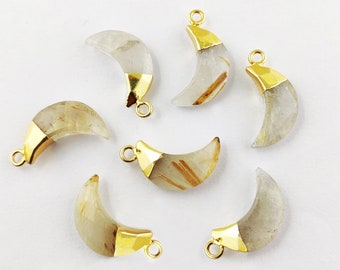 Golden Rutilated Quartz Electroplated Crescent Moon Pendant - Crescent Pendants - Gemstone Moon Pendant - Crescent Charm - Half Moon Pendant