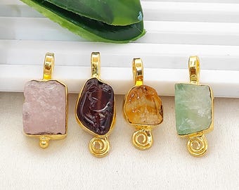 Natural Raw Gemstone Pendant, Gold Plated Collet Charm, Birthstone Crystal Jewelry, DIY Necklace Bracelet Supply