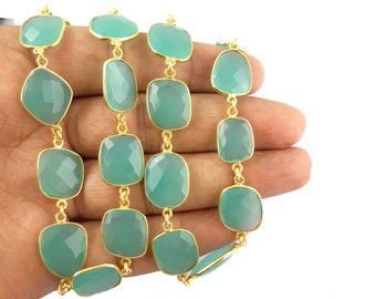 Aqua Chalcedony Gold Plated Gemstone Bezel Set Link Chain -Chain by the Foot