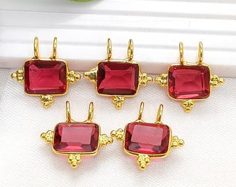 Rubellite Quartz Pendant Connector, Gold Plated Brass Charm, Rectangle Faceted Red Quartz Gemstone, Jewelry Making Supply